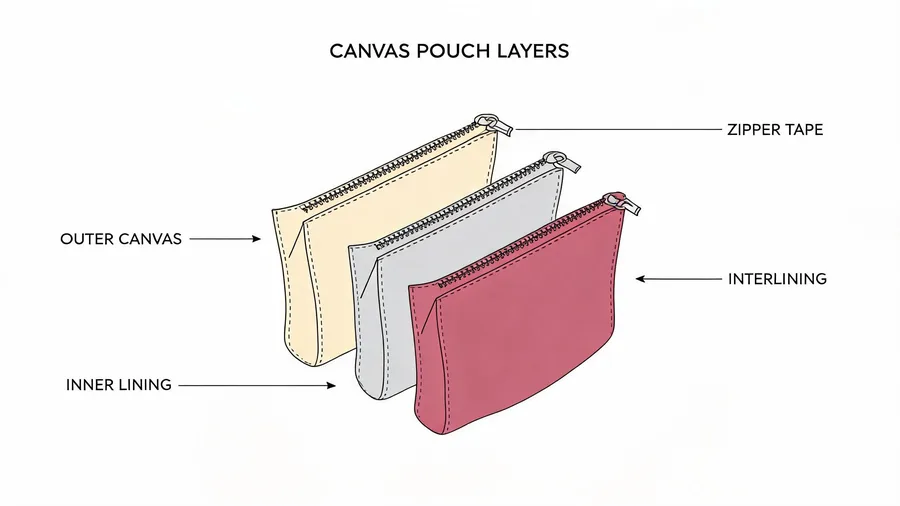 Cross-section diagram of canvas cosmetic bag wholesale lining and zipper pairing