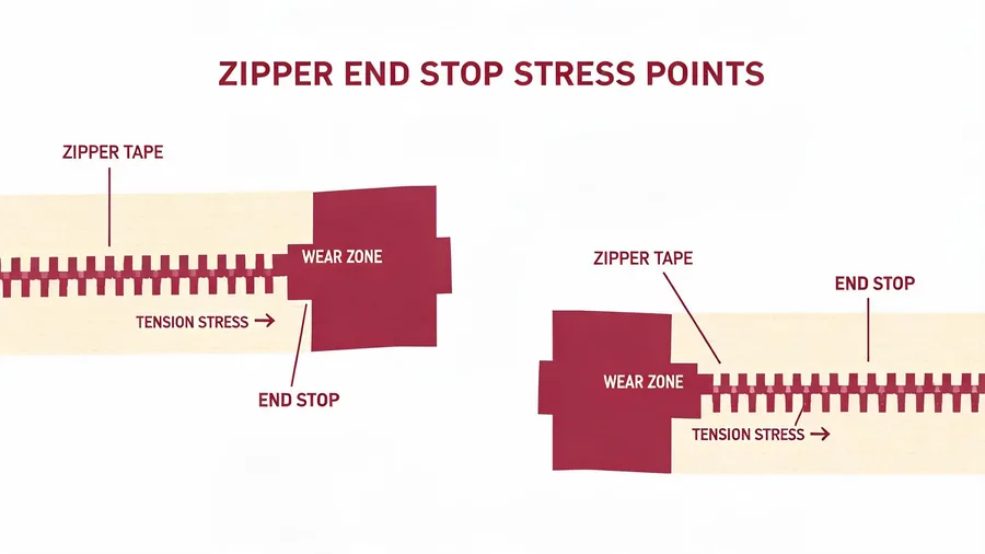Diagram of zipper end stress points and failure areas