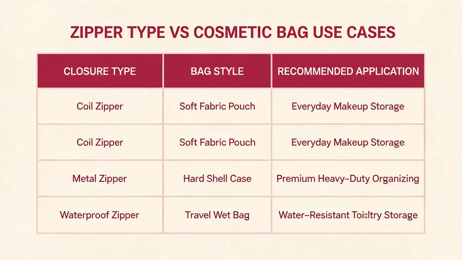 Table matching zipper closures to cosmetic bag uses