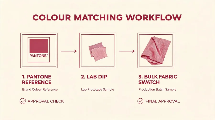 Colour matching workflow diagram from reference to bulk fabric approval for cosmetic bag manufacturer
