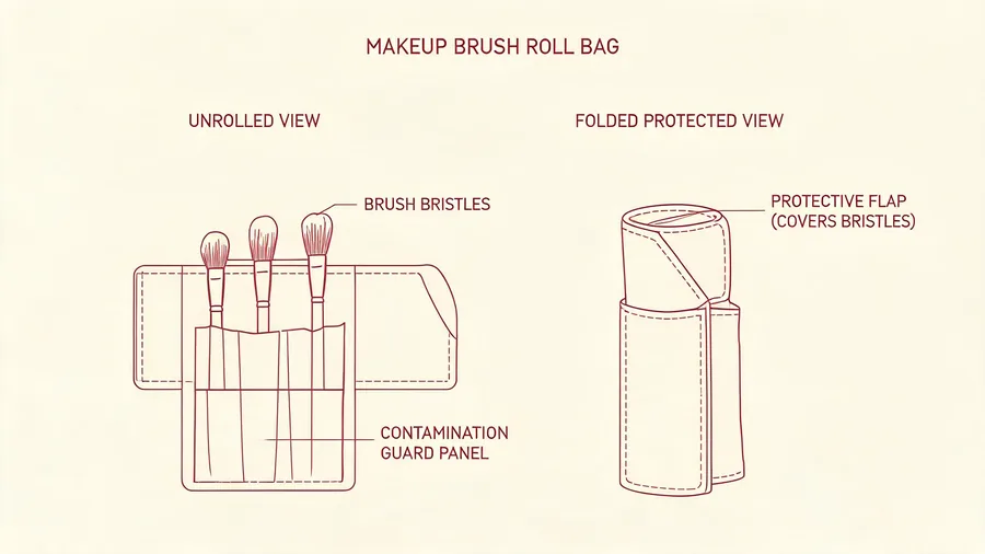 Diagram of flap and guard placement in a makeup brush bag roll for contamination control