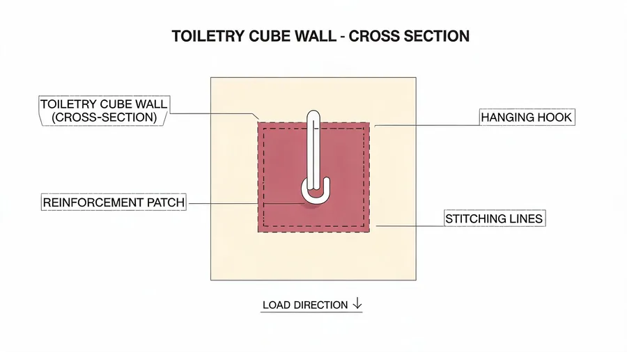 Cross-section diagram of toiletry cube hanging hook anchor