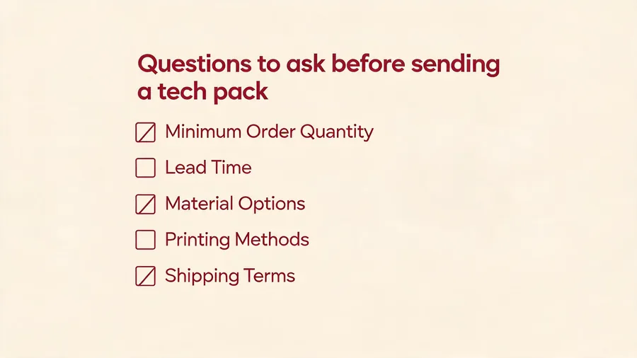 Checklist of questions to ask cosmetic bag manufacturers before sending a tech pack
