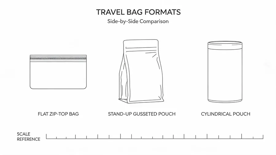 Diagram comparing flat zip bag, gusseted pouch, and cylindrical clear travel bag shapes