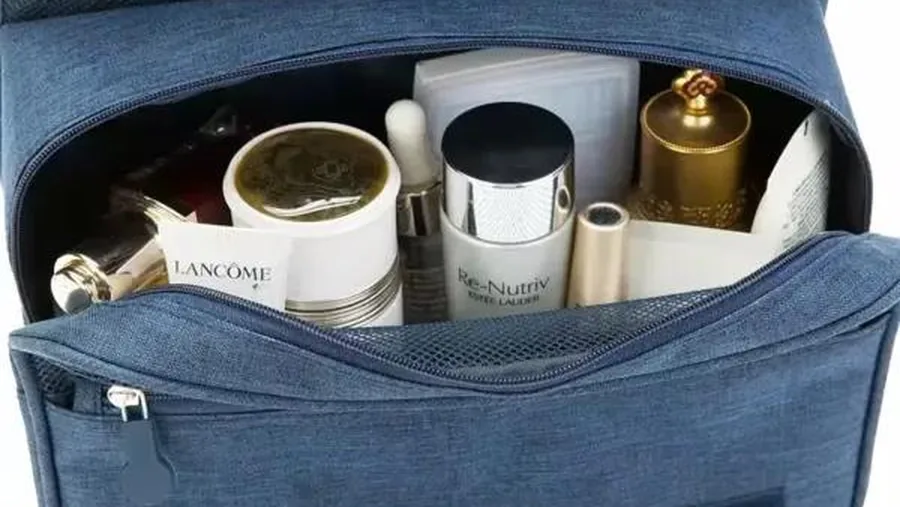 Stack of private-label quart-size clear cosmetic pouches
